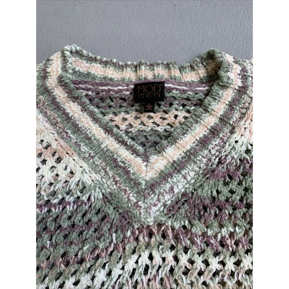 MOD Lusive Sweater Womens Large Purple Green Striped Chunky Knit Pullover V Neck